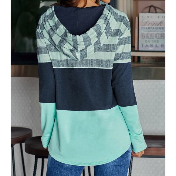 Pullover Hoodie Stripe Colorblock Womens Top Sz XL Green Blue Long Sleeve Shirt - Picture 13 of 16